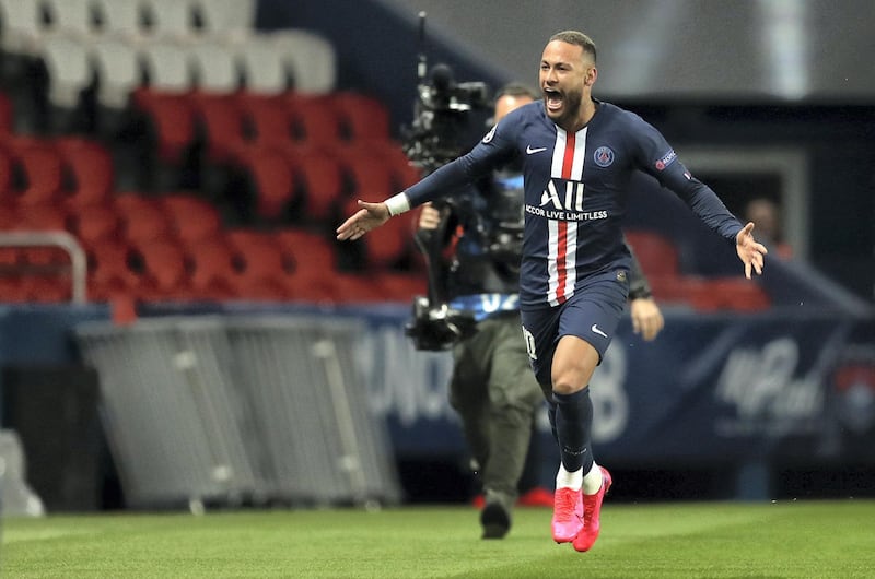 PARIS, FRANCE - MARCH 11: (FREE FOR EDITORIAL USE) In this handout image provided by UEFA, Neymar of Paris Saint-Germain celebrates after scoring his team's first goal during the UEFA Champions League round of 16 second leg match between Paris Saint-Germain and Borussia Dortmund at Parc des Princes on March 11, 2020 in Paris, France. The match is played behind closed doors as a precaution against the spread of COVID-19 (Coronavirus).  (Photo by UEFA - Handout/UEFA via Getty Images)