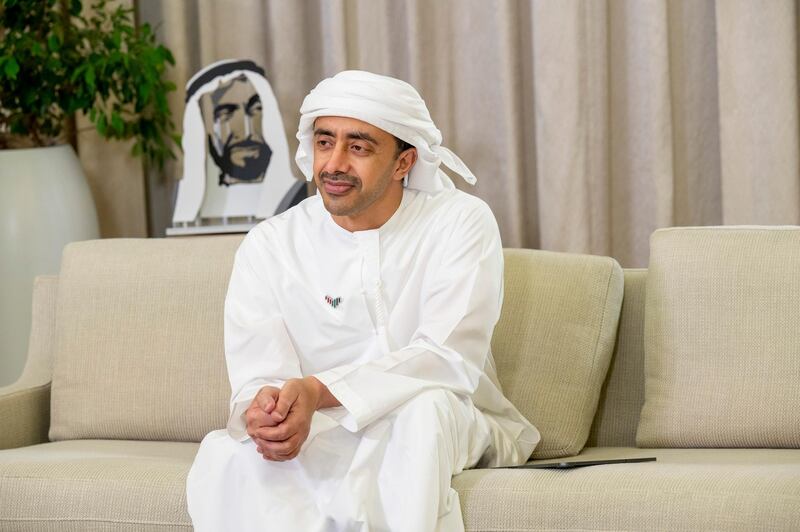 ABU DHABI, UNITED ARAB EMIRATES - May 10, 2021: HH Sheikh Abdullah bin Zayed Al Nahyan, UAE Minister of Foreign Affairs and International Cooperation, attends an online lecture titled “‏Learning and Discovery for Life: Unlocking our Future Potential”, during the online series of Majlis Mohamed bin Zayed.

( Mohamed Al Hammadi / Ministry of Presidential Affairs )
---