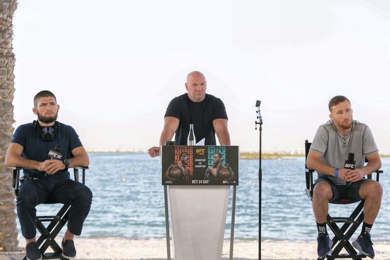 Khabib Nurmagomedov, left, and Justin Gaethje, right, take part in their pre-fight face-off at Yas Beach ahead of what is shaping up to be “the biggest fight we’ve ever done”, according to UFC President Dana White. All photos courtesy of UFC