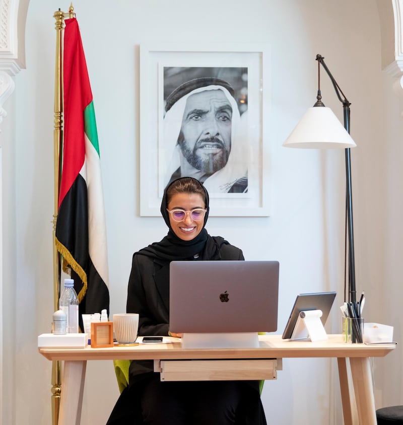 Noura Al Kaabi, Minister of Culture and Knowledge Development, attends a remote cabinet meeting on Sunday. Courtesy: UAE Government Twitter