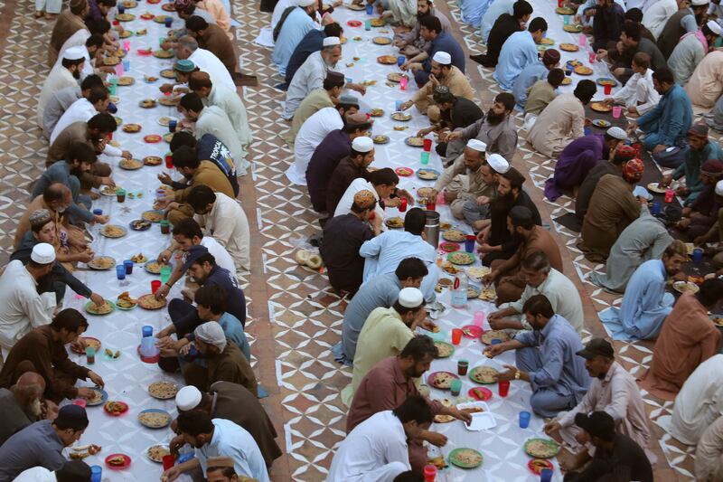 An iftar gathering at Sunahri Mosque in the northern Pakistani city of Peshawar. AP