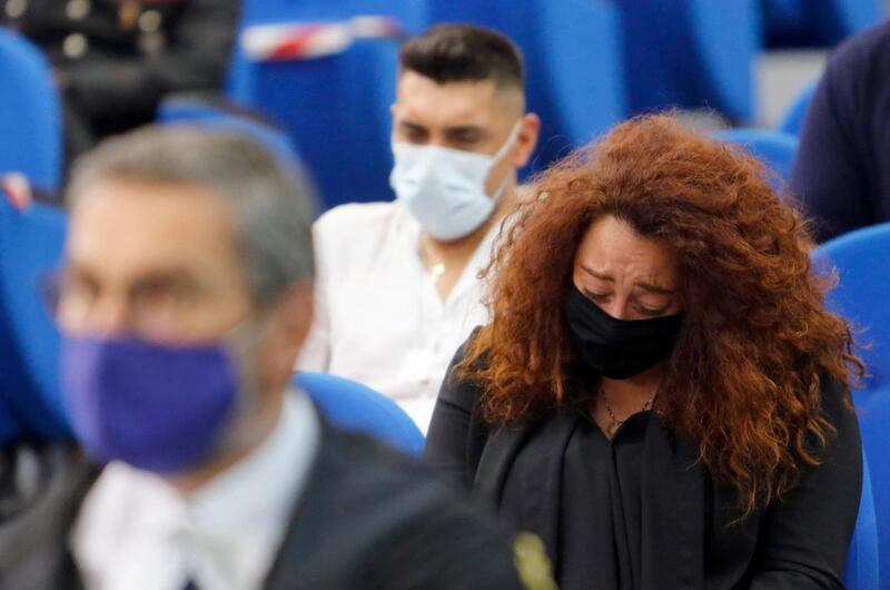 Rosa Maria Esilio, the widow of Italian Carabinieri paramilitary police officer Mario Cerciello Rega, attends a hearing of the trial for his murder, in Rome. A pair of boyhood pals from California are standing trial accused of murdering an Italian policeman during a summer vacation in Italy in July 2019. AP Photo