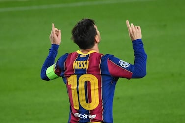 Barcelona forward Lionel Messi celebrates after scoring a penalty against Ferencvarosi. AFP