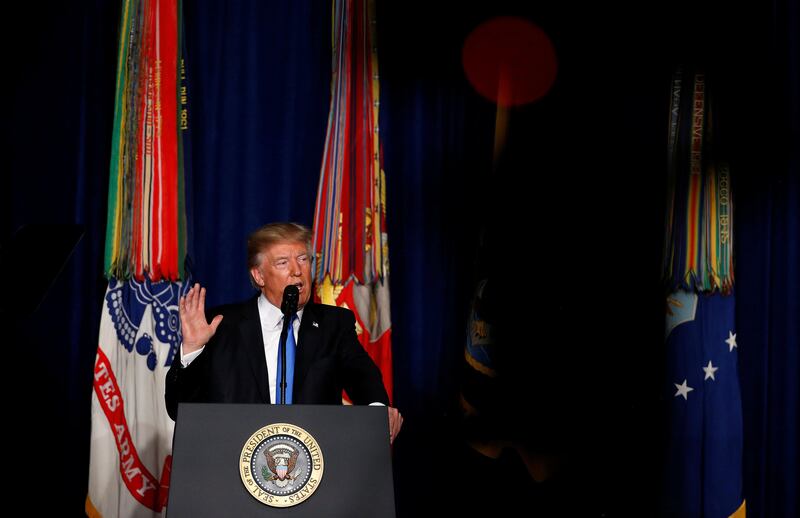 U.S. President Donald Trump announces his strategy for the war in Afghanistan during an address from Fort Myer, Virginia, U.S., August 21, 2017.   REUTERS/Joshua Roberts