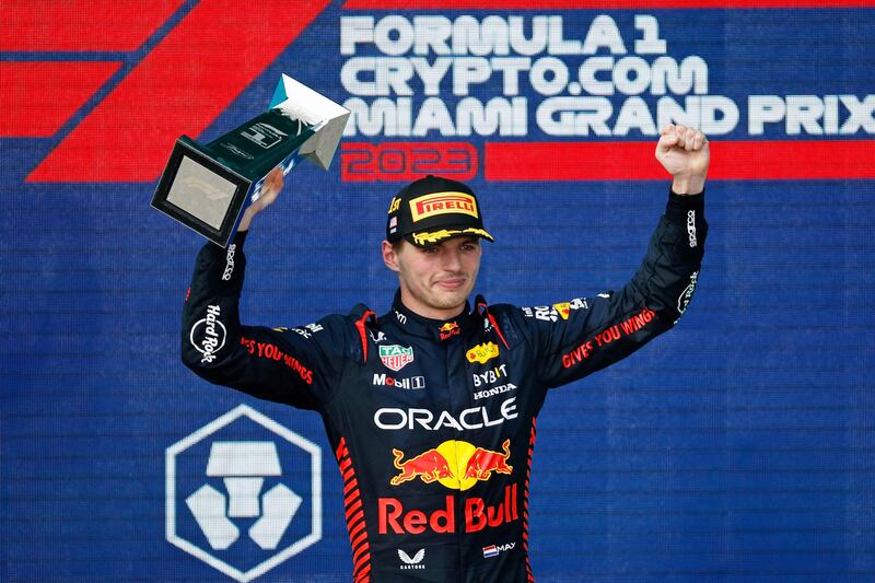 Max Verstappen on the winners' podium in Miami, Florida. Getty