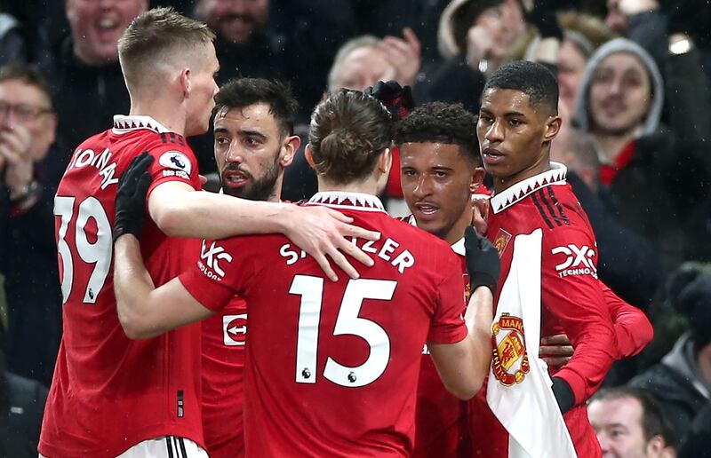 Marcus Rashford (R) of Manchester United celebrates with teammates after scoring the only goal in the Premier League victory against Brentford on April 5, 2023. EPA
