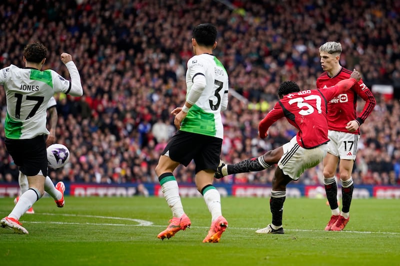 Manchester United's Kobbie Mainoo, second from right, scores his side's second goal. AP 
