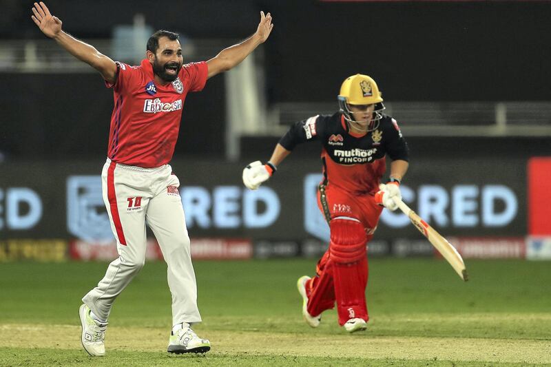 Mohammad Shami of Kings XI Punjab appeals for the wicket of Joshua Philippe of Royal Challengers Bangalore during match 6 of season 13 of the Dream 11 Indian Premier League (IPL) between Kings XI Punjab and Royal Challengers Bangalore held at the Dubai International Cricket Stadium, Dubai in the United Arab Emirates on the 24th September 2020.  Photo by: Ron Gaunt  / Sportzpics for BCCI