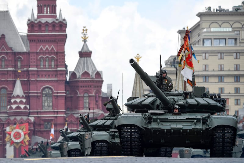 Russian T-72B3M tanks parade through Red Square. AFP