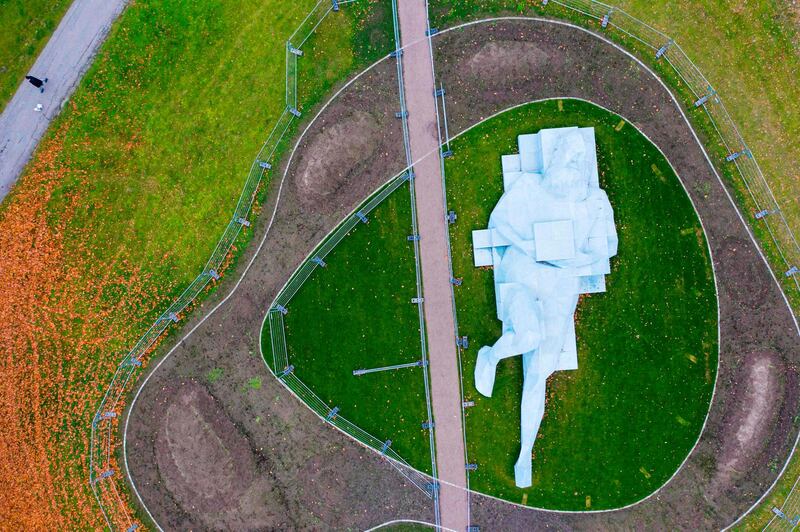 This aerial view photo shows one of two "Varbergs Giants", a giant sculpture by French artist Xavier Veilhan displayed in Varberg, south of Stockholm. AFP