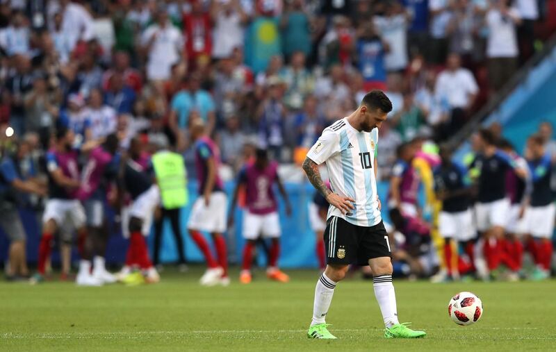 Lionel Messi of Argentina shows his dejection during the 2018 FIFA World Cup Russia Round of 16 match between France and Argentina at Kazan Arena in Kazan, Russia, on June 30, 2018. Kevin C. Cox / Getty Images