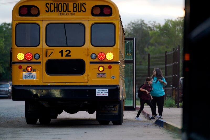 Pupils arrive at Uvalde Elementary for the first day of school in Uvalde, Texas. Two teachers and 19 children were killed in the May 24 mass shooting at a different school. AP