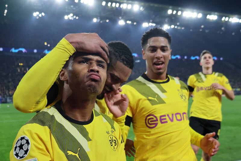 Borussia Dortmund's Karim Adeyemi celebrates scoring in the 1-0 Champions League round of 16 first leg win against Chelsea at Signal Iduna Park on February 15, 2023. Reuters