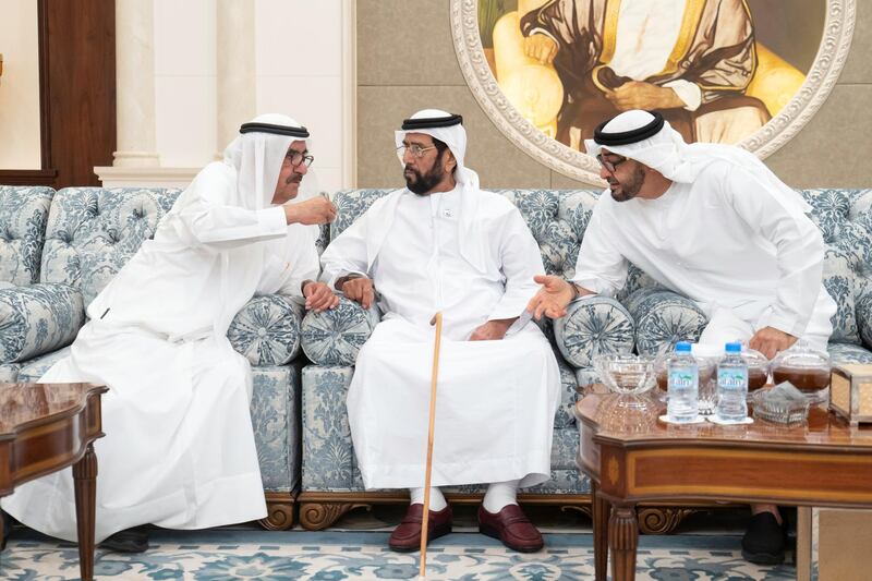 ABU DHABI, UNITED ARAB EMIRATES - November 21, 2019: HH Sheikh Hamdan bin Rashid Al Maktoum, Deputy Ruler of Dubai and UAE Minister of Finance (L), offers condolences to HH Sheikh Tahnoon bin Mohamed Al Nahyan, Ruler's Representative in Al Ain Region (C) and HH Sheikh Mohamed bin Zayed Al Nahyan, Crown Prince of Abu Dhabi and Deputy Supreme Commander of the UAE Armed Forces (R) on the passing of the late HH Sheikh Sultan bin Zayed Al Nahyan, at Al Mushrif Palace.

( Rashed Al Mansoori / Ministry of Presidential Affairs )
---