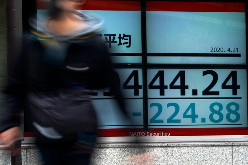 A man walks past an electronic stock board showing Japan's Nikkei 225 index at a securities firm in Tokyo Tuesday, April 21, 2020. AP Photo