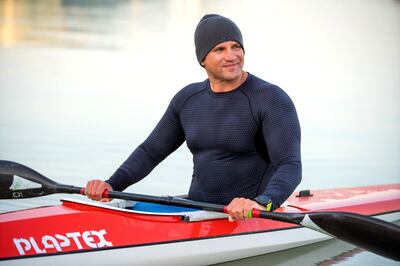 Abu Dhabi, United Arab Emirates, January 30, 2021.  
 Mike Ballard is a former rugby player turned parakayker after breaking his back.  Mike training at the Al Raha Beach area in his bid to make it to the Tokyo Games.
Victor Besa/The National.
Section:  SP
Reporter :  Paul Radley