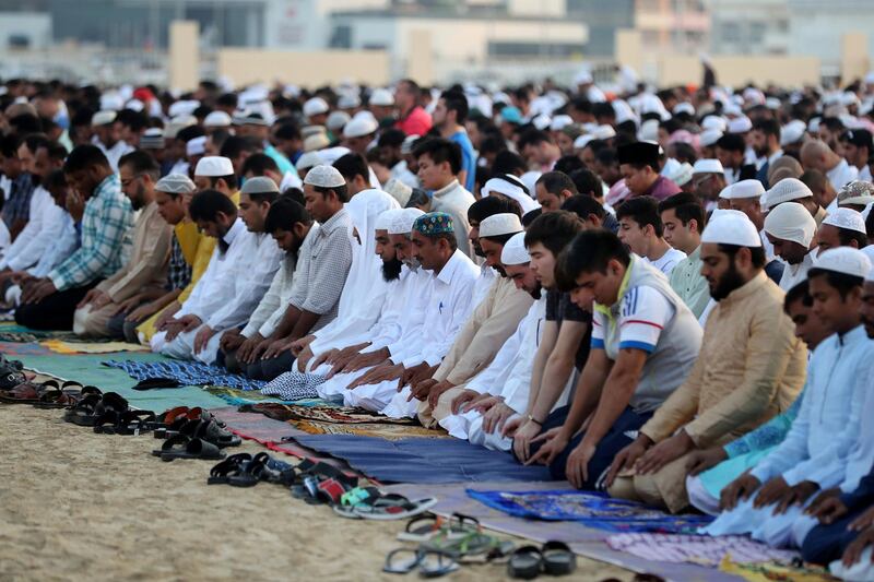 Dubai, United Arab Emirates - June 04, 2019: The first Eid prayer is performed at the Eid prayer ground. Tuesday the 4th of June 2019. Al Barsha, Dubai. Chris Whiteoak / The National