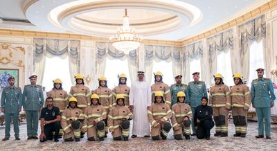 Sheikh Mohamed bin Zayed meets with the first class of qualified Emirati female firefighters.