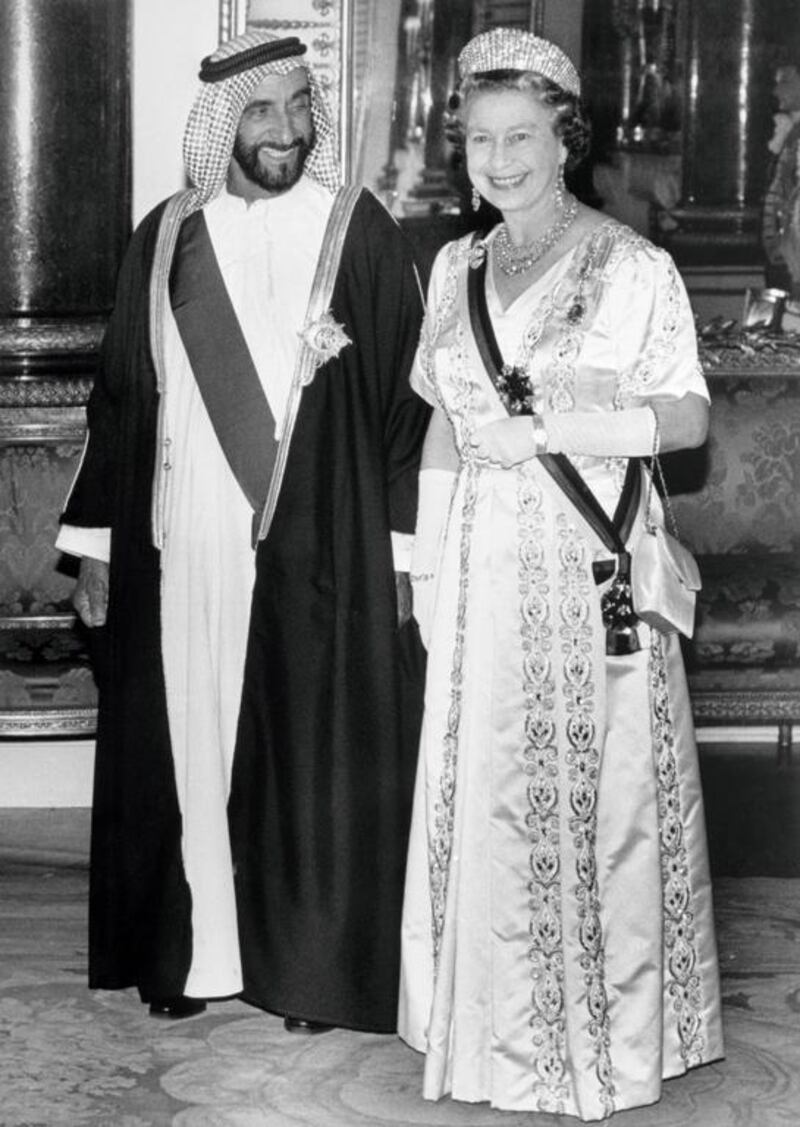 Sheikh Zayed is welcomed by Queen Elizabeth at Buckingham Palace during his state visit to Great Britain in 1989.