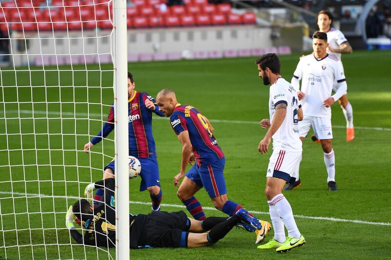 Martin Braithwaite of Barcelona scores his sides first goal past Sergio Herrera. Getty
