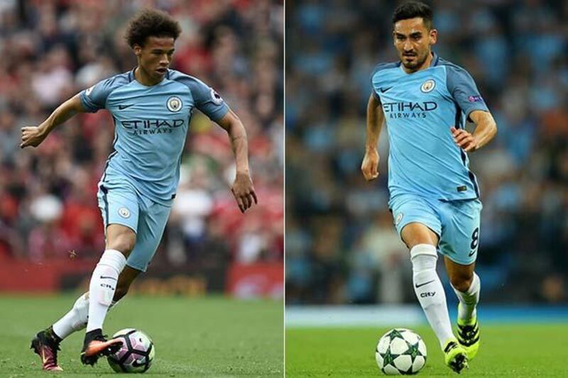 Manchester City summer signings Leroy Sane, left, and Ilkay Gundogan, right. Oli Scarff / AFP and Richard Heathcote / Getty Images