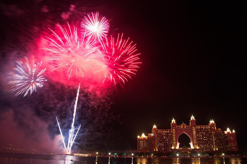 Fireworks light up the night sky over Palm Jumeirah with the Atlantis Hotel in the distance in Dubai, UAE. AP Photo