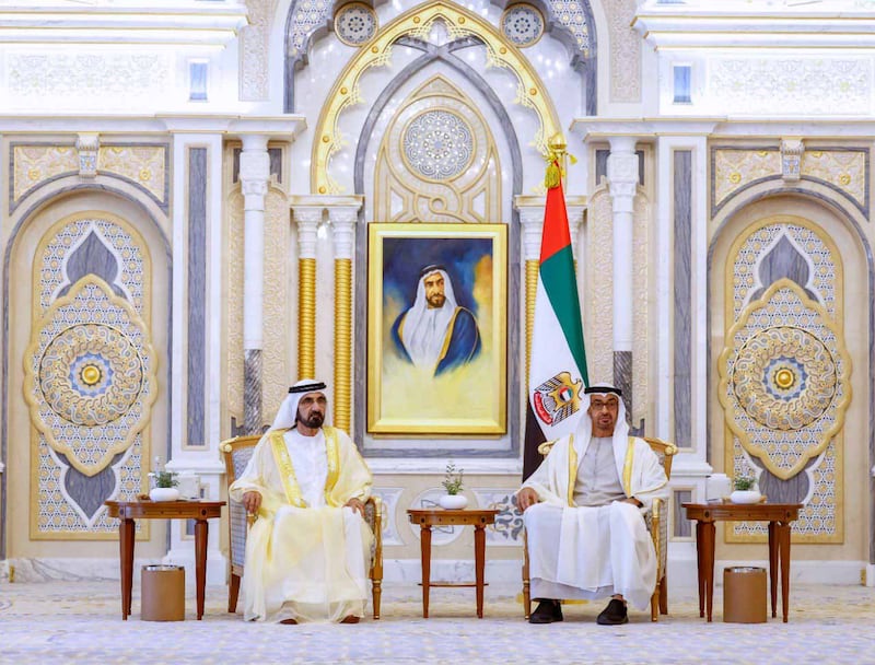 President Sheikh Mohamed and Sheikh Mohammed bin Rashid, Vice President and Ruler of Dubai, attend the swearing-in ceremony of the new education ministers at Al Watan Palace, in Abu Dhabi. Photo: @HHShkMohd / Twitter