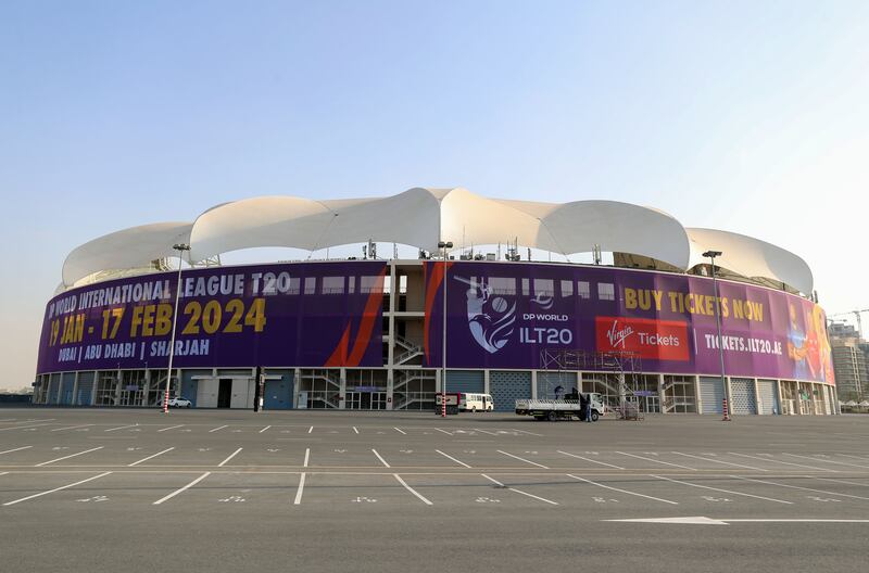 The giant sign on the Dubai International Stadium ahead of the DP World International League T20. Chris Whiteoak / The National