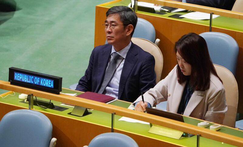 The South Korea delegation listens as North Korean Foreign Minister Ri Yong-ho speaks. AFP