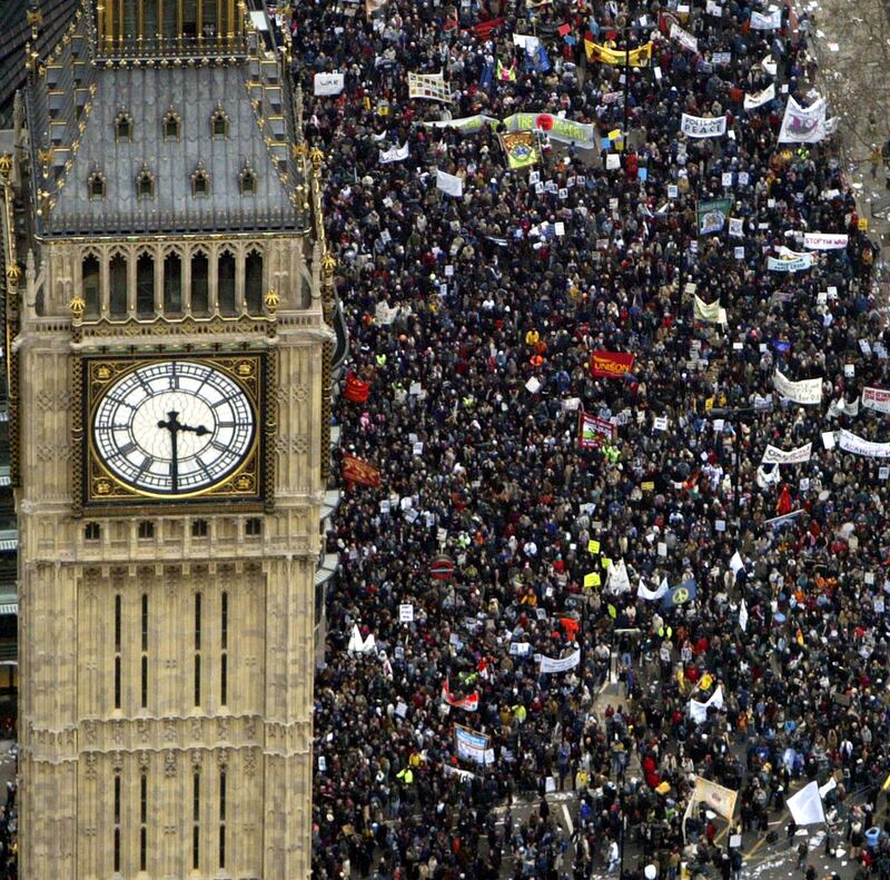 Several hundred thousand people march past Big Ben towards Hyde Park in London on February 15, 2003, to protest against the proposed war in Iraq. All photos: Getty Images