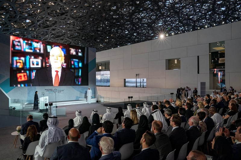 SAADIYAT ISLAND, ABU DHABI, UNITED ARAB EMIRATES - November 19, 2019: Alanoud Madhi (on stage L), delivers a speech during the Reaching the Last Mile Forum, at the Louvre Abu Dhabi.

( Mohamed Al Hammadi / Ministry of Presidential Affairs )
---