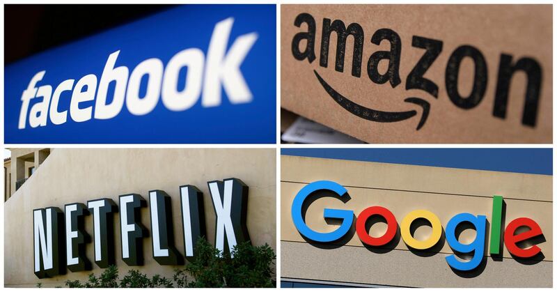 FILE PHOTO: Facebook, Amazon, Netflix and Google logos are seen in this combination photo from Reuters files.   REUTERS/File Photos/File Photo