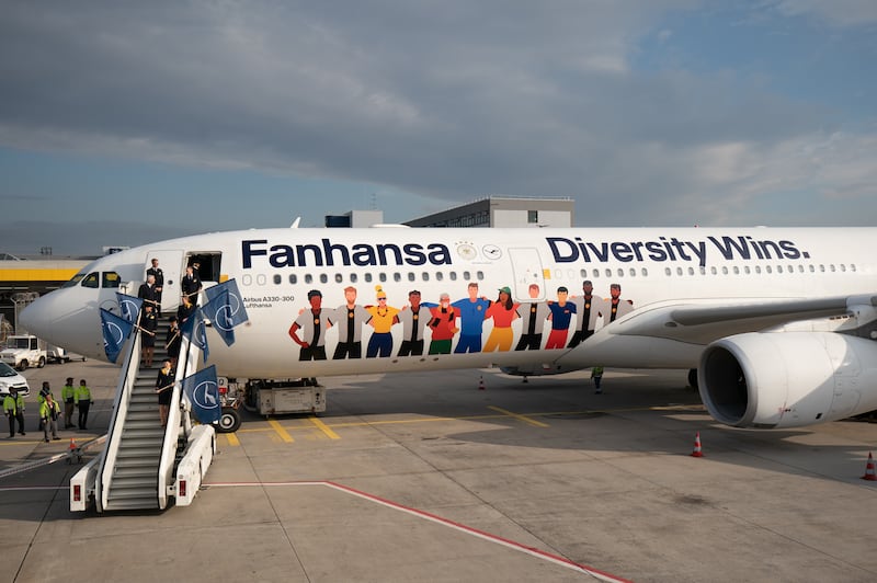 A Lufthansa Airbus decorated with the airline's World Cup-inspired design. Photo: Getty