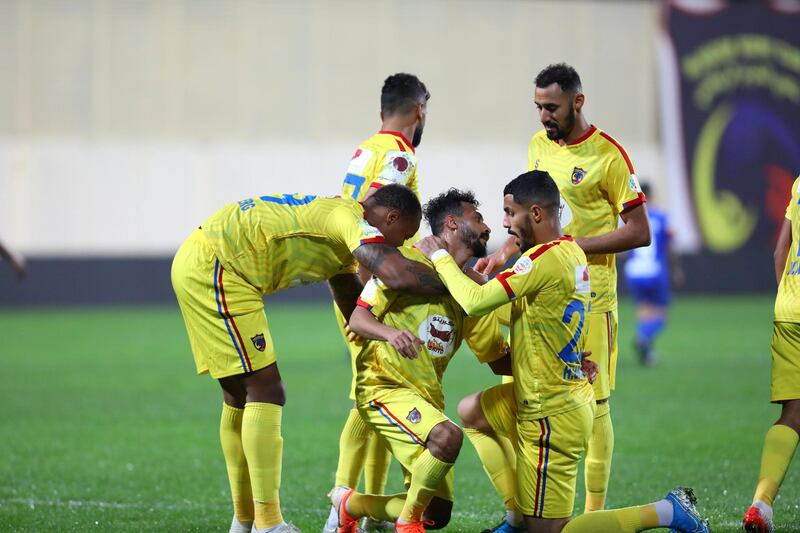 Al-Hazm Players celebrate after scoring a goal during the Saudi Professional League soccer match in Ar Rass, Saudi Arabia. EPA