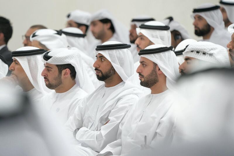 ABU DHABI, UNITED ARAB EMIRATES - May 23, 2018: HH Sheikh Mohamed bin Hamad bin Tahnoon Al Nahyan (R), HH Sheikh Mohamed bin Nahyan bin Mubarak Al Nahyan (2nd R) and HH Sheikh Zayed bin Khalifa bin Sultan Al Nahyan (L), attend a lecture by Angela Duckworth (not shown), titled ‘True Grit: The Surprising, and Inspiring Science of Success’, at Majlis Mohamed bin Zayed.
 ( Mohamed Al Hammadi / Crown Prince Court - Abu Dhabi )
---