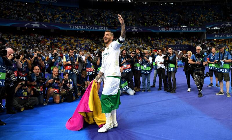 KIEV, UKRAINE - MAY 26: Sergio Ramos of Real Madrid celebrates victory after the UEFA Champions League Final between Real Madrid and Liverpool at NSC Olimpiyskiy Stadium on May 26, 2018 in Kiev, Ukraine.  (Photo by Shaun Botterill/Getty Images)