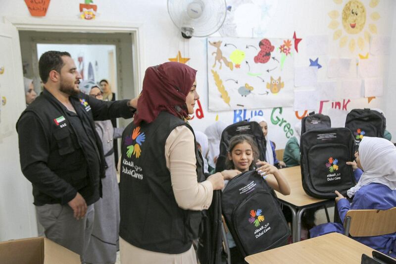 Dubai Cares distributes 50,000 school packs to Syrian refugees in Jordan in 2017. Courtesy Dubai Cares
