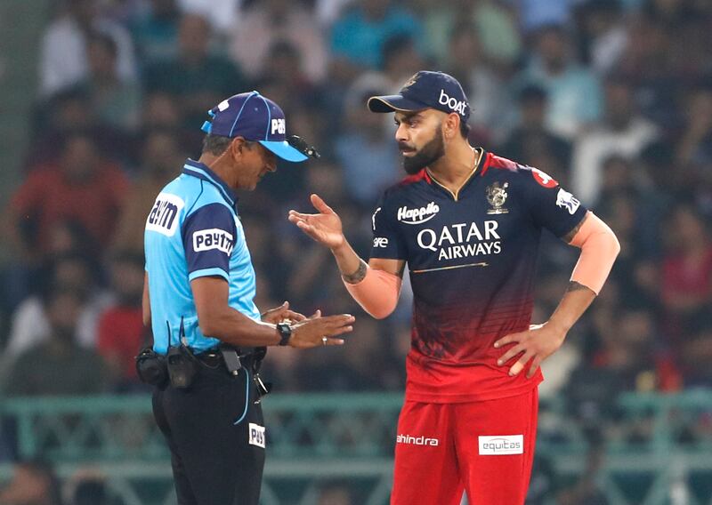 Royal Challengers Bangalore's Virat Kohli talks to the umpire during the match. AP Photo