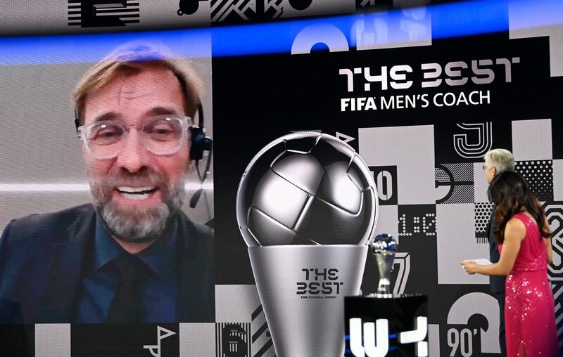 Liverpool's manager Jurgen Klopp smiles after being named men's coach of the year during Fifa's 'The Best' awards ceremony in Zurich on Thursday. AP