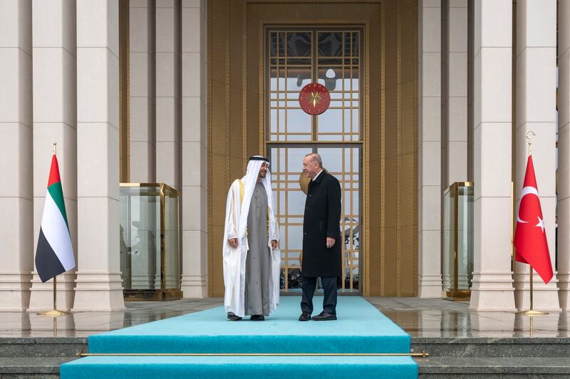 Sheikh Mohamed and Mr Erdogan. Photo: Mohamed Al Hammadi / Ministry of Presidential Affairs