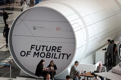 ABU DHABI ,  UNITED ARAB EMIRATES , SEPTEMBER 10 – 2019 :- View of the model of Virgin Hyperloop One during the second day of the World Energy Congress held at ADNEC in Abu Dhabi. ( Pawan Singh / The National ) For Business. Story by Jennifer/Fareed