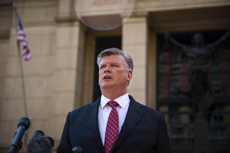 Kevin Downing, lead lawyer for former Donald Trump Campaign Manager Paul Manafort, speaks to members of the media outside District Court in Alexandria, Virginia, U.S., on Tuesday, Aug. 14, 2018. Manafort's legal team rested its case on today, setting the stage for closing arguments before the judge hands the case to jurors for a verdict. Photographer: Al Drago/Bloomberg