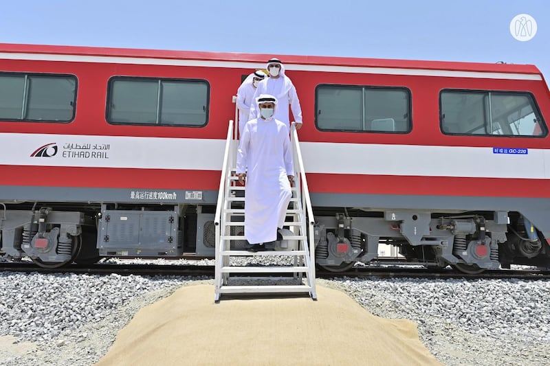 Sheikh Theyab took a 10km train ride. He thanked UAE leaders for their support for the project. Photo: Abu Dhabi Media