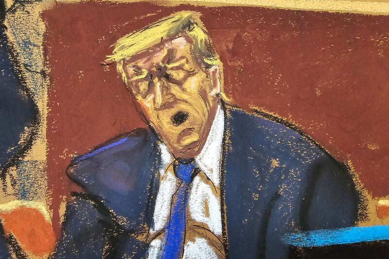 A court sketch of Trump yawning during the trial. Media outlets reported the former president has often been seen keeping his eyes closed during proceedings. Reuters