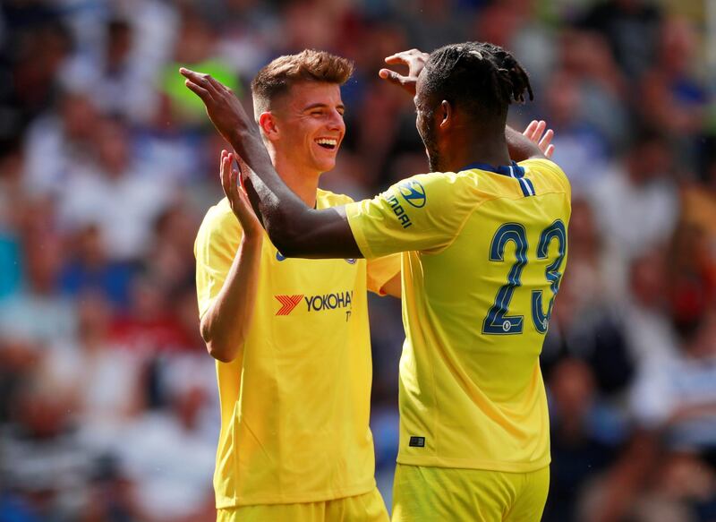 Chelsea's Mason Mount celebrates scoring their fourth goal, and his second, with Michy Batshuayi. Reuters