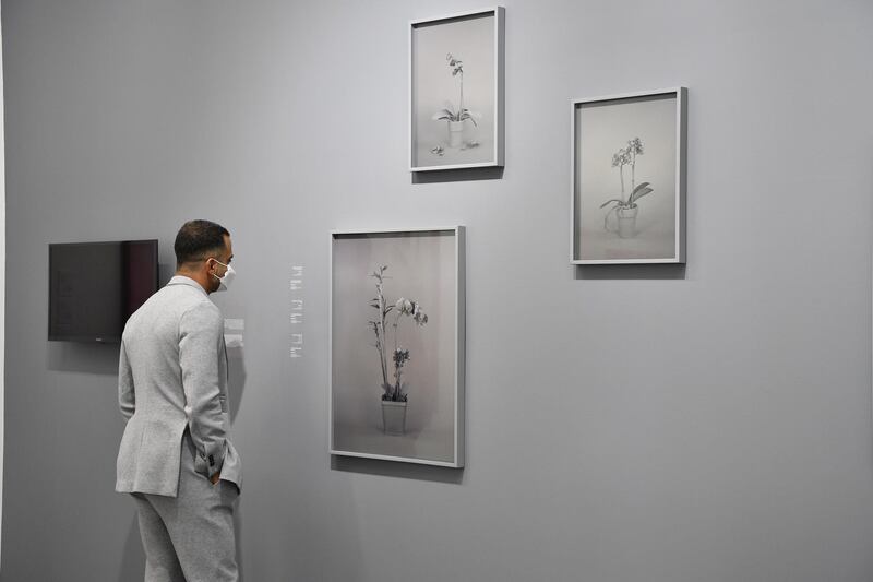 A visitor with Stephanie Syjuco's 'Neutral Orchids'. Courtesy Warehouse421