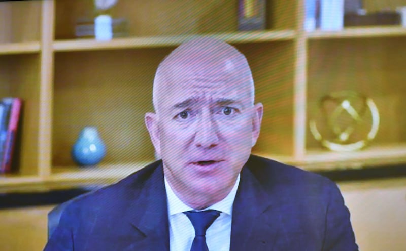 Amazon CEO Jeff Bezos testifies via video conference. AFP