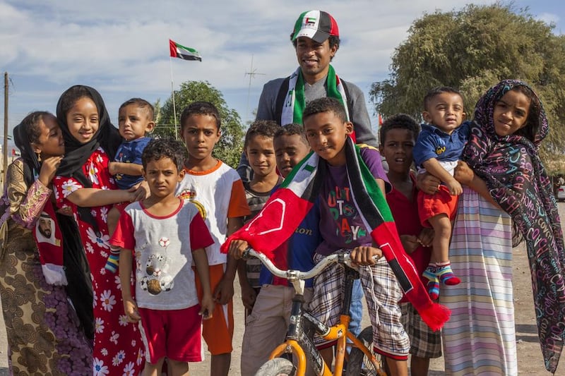 A group of children from Shamil Village, Ras Al Khaimah. The second and third generation Beluchis consider themselves Emiratis, with the village pooling its’ resources for National Day celebrations. Paul O’Driscoll / The National