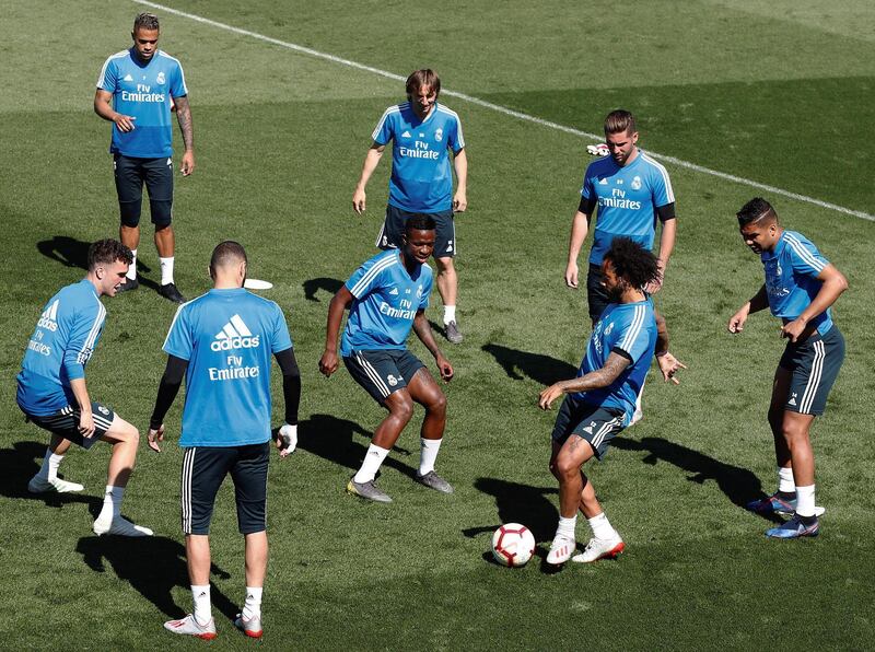 Real Madrid players attend the team's training session at Valdebebas sports city in Madrid. EPA