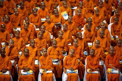 epa07359256 Sri Lankan 'dasa sil mathas' or Buddhist nuns attend an awareness raising event on the futility of blindly following Valentine's day organized by the Mahamevna Bawana Asapuwa, a Buddhist organization at the Sugathadasa Indoor Stadium in Colombo, Sri Lanka, 10 February 2019. An awareness raising meeting with the theme 'Yovun Daham Sakmana' (Religious Journey for the Youth), on blindly following the highly commercialized Valentineâ€™s Day celebrations in the island nation and instead to utilize the day to spread the Buddhist principles of love, affection, blessings on all living things was held prior to the lovers' day which falls on 14 February. Thousands, especially the youth, clergy and laymen from all religions and races island-wide participated at this unique event.  EPA/M.A.PUSHPA KUMARA